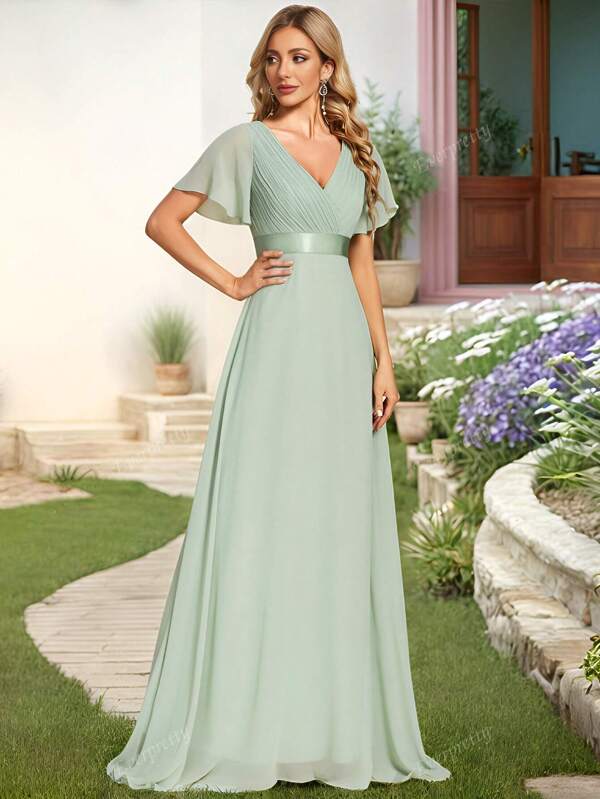 EVER-PRETTY Elegante vestito da damigella primaverile con scollo a V, maniche a farfalla increspate, color salvia verde, adatto come vestito da ospite per matrimonio