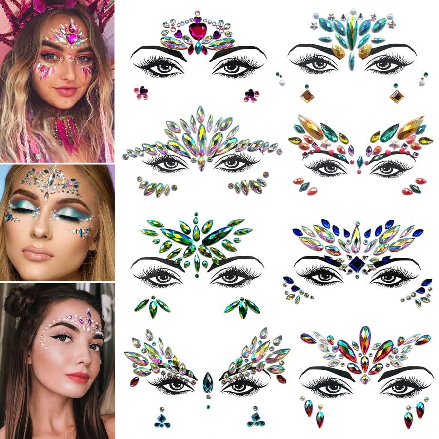 面部钻石贴纸 亚克力钻石贴纸 脸部贴纸 钻石艺术派对装饰脸部贴纸 - 彩色 - 查看 1