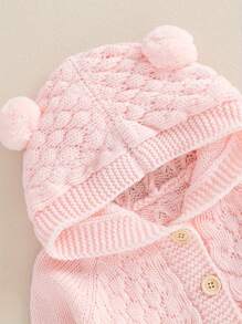 Newborn Baby Solid Color Coat, Boys Girls Long Sleeve Thermal Hooded Knitted Sweater - Pink - View 2