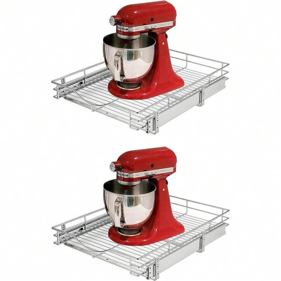 Pull Out Cabinet Organizer, (20" W X 21" D) Heavy-Duty Metal Sliding Drawer Shelf, Bathroom Under Sink Kitchen Cabinets Organizer And Storage Slide Out Shelves, Chrome, 1 Tier, 2 Pack