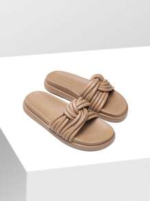 Women Open Toe Slide Sandals Knotted Padded Tubular Straps Leisure Slip On Flat Sandals Summer Casual Chic Comfort Daily Shoes - 駝色 - 查看 5
