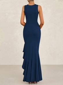 Women's Summer Elegant Slim Dress Sleeveless Peplum Mermaid Cocktail Wedding Guest Formal Dress - 藏蓝色 - 查看 5