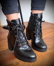 Women's Combat Boot High Heel Smooth Shaft Short Tractor Comfortable Lightweight And Stylish - Black - View 3