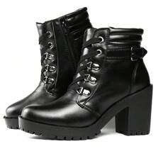 Women's Combat Boot High Heel Smooth Shaft Short Tractor Comfortable Lightweight And Stylish - Black - View 8