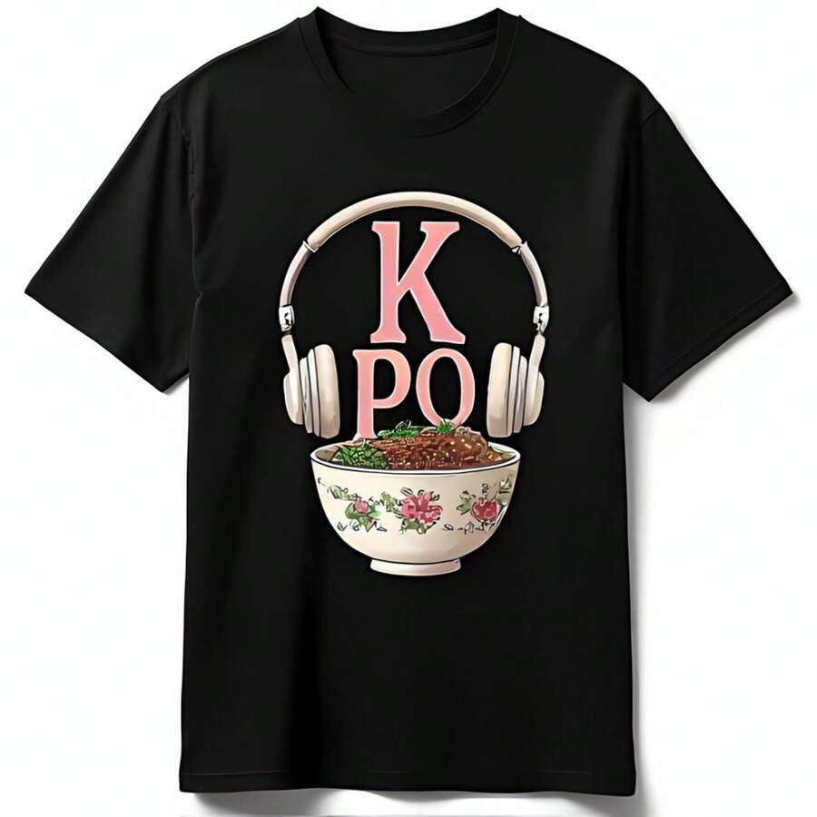 K Pop Inspired  T-Shirt With Pink K And Headphones Over Ramen Design