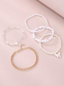 5件/6件装女孩蝴蝶心形软陶、珍珠、米珠脚链套装 - 彩色 - 查看 6