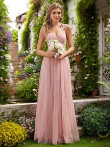 优雅的交叉露背蕾丝撞色网纱粉色伴娘礼服，适合婚礼、度假、生日和其他场合。