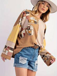 Women's Spring Tops O Neck Long Sleeves Waffle Splicing Daisy Pattern Loose Comfortable Casual Fashion T-Shirts - Khaki - View 3