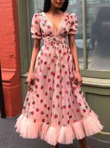 Vestido de mujer de manga burbuja en V profunda fresa, vestido de corbata, Seaside, Holiday - Rosa - Ver 8