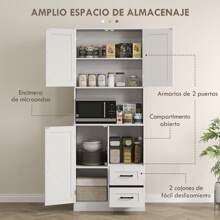 HOMCOM Alacena de Cocina Rústico Armario de Cocina Mueble Auxiliar de Cocina con 3 Puertas Compartimentos Abiertos 2 Cajones Orificio pasa Cables y Estantes Ajustables 70x40x180 cm Blanco - Blanco - Ver 4