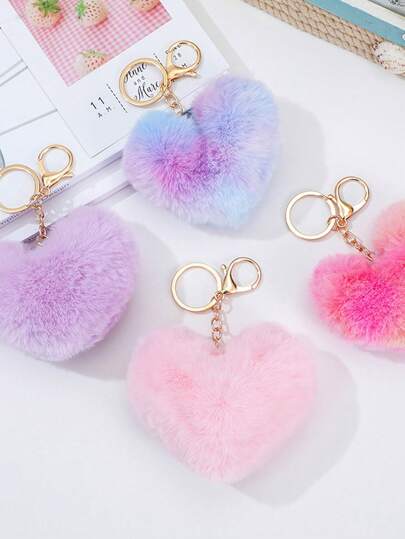 4pcs Set Heart Plush Bag Pendant Charm,Pompom Keychain,Cute Multicolor Keyring For Backpack Wallet Coin Purse