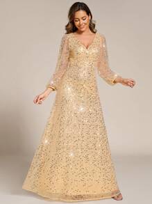 EVERPRETTY Fall Winter Elegant Long Sleeve Gold Sequin Dress Suitable For Wedding Party Prom Graduation Dinner Holiday Gala Mother Of The Bride Dress - Gold - View 2
