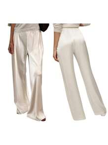 Women's Casual Wide Leg Dress Pants Elastic Waist Solid Color Satin Pants Work Trousers - 杏色 - 查看 2