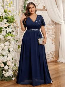 Plus Size Butterfly Sleeve V-Neck Floral Lace Contrast Chiffon Rhinestone Ribbon Waist Evening Party Dress