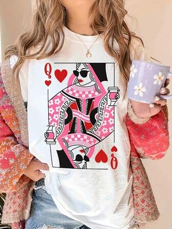 Women Loose Drop Shoulder Short Sleeve Casual Coffee Lover "Queen Of Hearts" T-Shirt, Summer