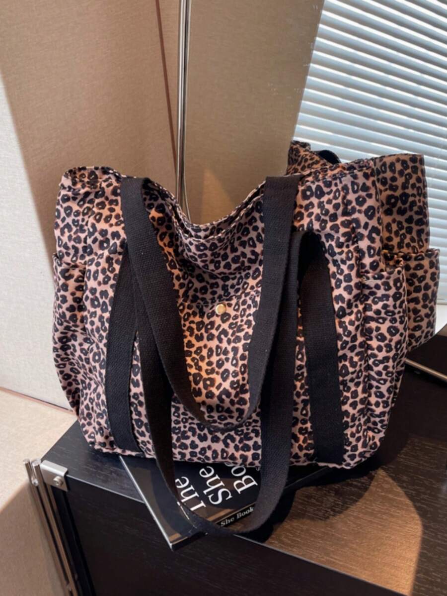 Fashionable Versatile Solid Color New Style Tote Bag, Casual Minimalist Contrast Color Shoulder Bag - Khaki - View 1