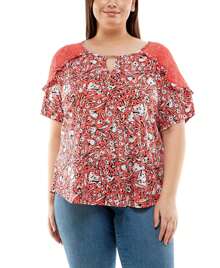 Blusa de manga corta con hombros de encaje para tallas grandes - Rosa - Ver 1