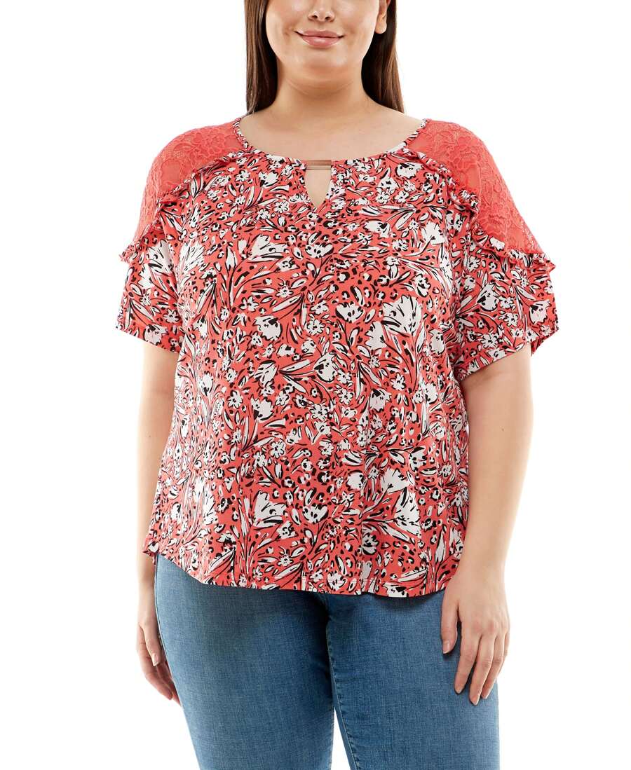 Blusa de manga corta con hombros de encaje para tallas grandes - Rosa - Ver 1