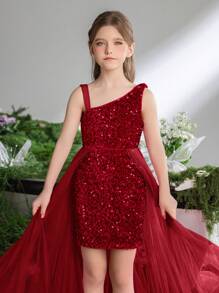 1pc Tween Girls' Sequined Dress With Asymmetric Neckline And Mesh Waist Detail - Red - View 7