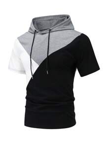 Men's Sports Casual Tri-Color Splice Design Short Sleeve Hoodie T-Shirt & Shorts Set, Outdoor Sports Tracksuit For Running & Fitness