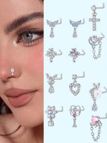 20G Pendientes de aro para la nariz en forma de L con colgante para mujer, aros de nariz con pendientes con flor de circonita cúbica de acero inoxidable para perforaciones de la nariz