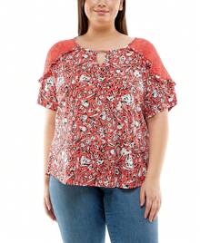 Blusa de manga corta con hombros de encaje para tallas grandes - Rosa - Ver 2