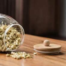 Tarro de almacenamiento de granos de vidrio transparente, tarro sellado de vidrio de borosilicato alto con tapa de madera de bambú, bote de té con perilla redonda de madera