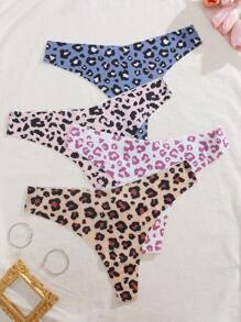 4pcs Leopard Print Comfortable & Sexy Thong Panties For Women