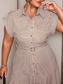 Plus Size Women's Spring/Summer New Front Button Striped Long Waist Cinched Dress, Fashionable For Commuting, Elegant Office Outfits For Women - Brown - View 2
