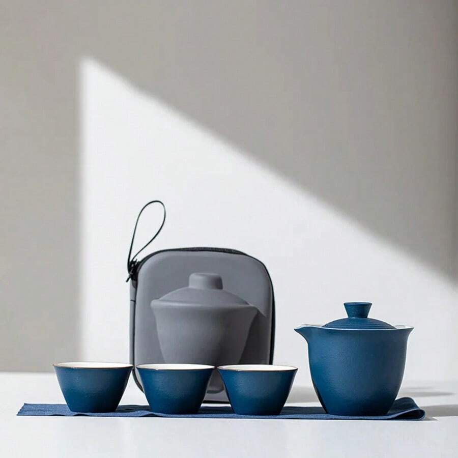 1 Set Portable Teapot Teacup Set With Travel Kit Kung Fu Teaware Ceramic Outdoor Tea Pots Chinese Tea Pot And Cup Set - Blue - View 1