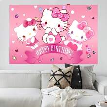 Sanrio 1 striscione decorativo di sfondo per festa di compleanno a tema cartone animato gattino rosa e bianco di Sanrio, decorazioni per doccia, accessori per feste, tappezzeria da camera da letto, sfondo fotografico, 210 x 150 x 100 / 100 x 75 cm