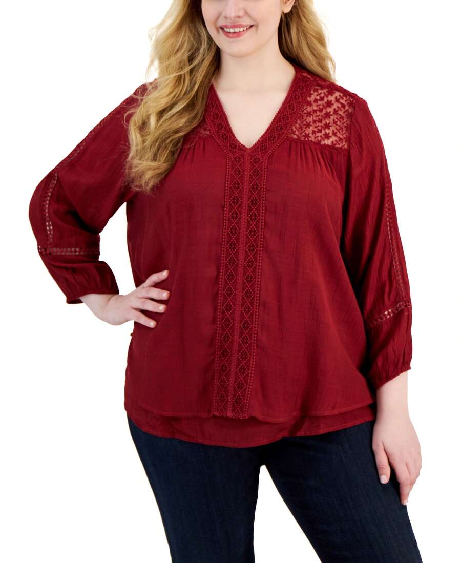 Plus Size Lace-Trim Long-Sleeve Top - Multicolor - View 1