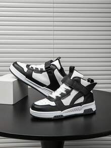 1 Pair Boys' Leather Waterproof High-Top Sneakers, Gray & White, Hook And Loop Design, Flat Non-Slip Casual Running Shoes, All Season Children Sports Shoes, Fashionable - Black - View 4