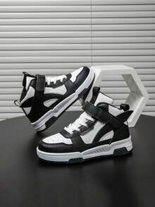 1 Pair Boys' Leather Waterproof High-Top Sneakers, Gray & White, Hook And Loop Design, Flat Non-Slip Casual Running Shoes, All Season Children Sports Shoes, Fashionable - Black - View 3