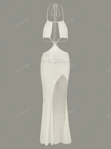 Sexy Cut Out Backless Tie Side Slit Knit Dress Summer White Backless Chic Hanging Neck Swimsuit Bikini Cover-Ups