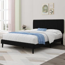 Queen Bed Frame, Upholstered Bed Frame With Headboard And Footboard, Vertical Channel Tufted Headboard, White/ Black/ Pink/ Green/ Blue, Twin/ Full/ Queen/ King - màu đen - Xem 7
