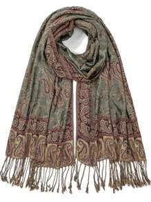 1条波西米亚风围巾，流苏发带，时尚复古佩斯利花纹头巾，休闲优雅防晒围巾披肩，适合日常佩戴和节日送礼 - 綠棕 - 查看 4