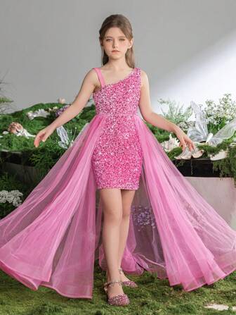 兒童女孩不對稱領口對比網眼亮片連衣裙