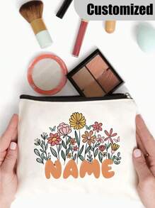 [Custom Made] Polyester Flower Design Cosmetic Bag For Women - Waterproof, Large Capacity,Personalized Name,Unscented, Portable Zip Makeup Pouch, Travel Essential, Gift For Flower Lovers - Exclusive Gift - Beige - View 3