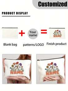 [Custom Made] Polyester Flower Design Cosmetic Bag For Women - Waterproof, Large Capacity,Personalized Name,Unscented, Portable Zip Makeup Pouch, Travel Essential, Gift For Flower Lovers - Exclusive Gift