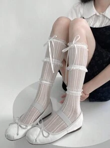 1 Par de Meias de Bezerro com Acabamento de Renda de 3 Camadas e Laço de Fita de Estilo Lolita para Mulheres