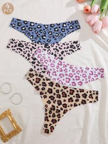 4pcs Leopard Print Comfortable & Sexy Thong Panties For Women