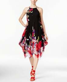 INC International Concepts Petite Floral Print Handkerchief Hem Dress - Black Floral - View 1