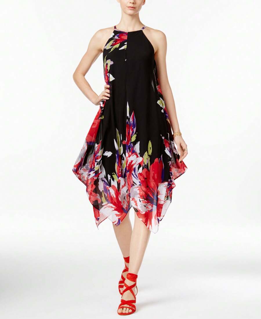 INC International Concepts Petite Floral Print Handkerchief Hem Dress - Black Floral - View 1