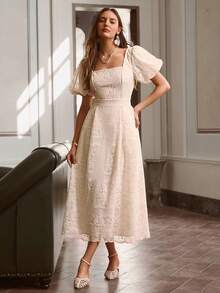 Simplee Women's Summer New Arrival Heavy Lace Lantern Sleeve Party Dress, Suitable For Party, Birthday, Wedding - Apricot - View 8