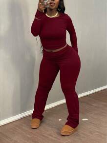 Women'S Plus Large Size Two-Piece Set Of Solid Color Simple Slim Long Sleeve Top And Pants - Màu Đỏ Sâu - Xem 4