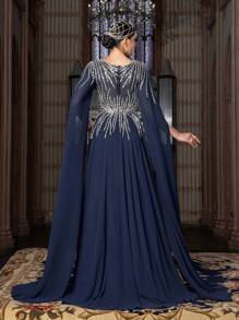 Faeriesty Abaya 华丽 V 领串珠紧身胸衣斗篷袖雪纺派对礼服晚礼服 - 藏蓝色 - 查看 3
