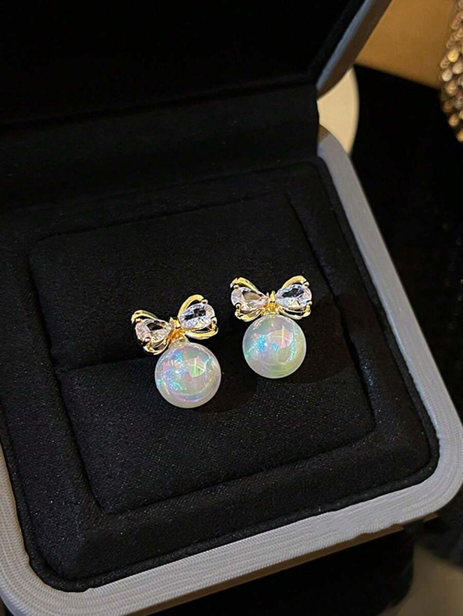 1 对奢华精致蝴蝶结珍珠耳钉