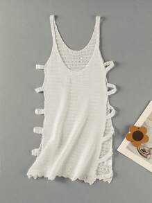 性感U领无袖针织横条纹侧镂空沙滩迷你连衣裙2025夏季沙滩装泳衣罩衫