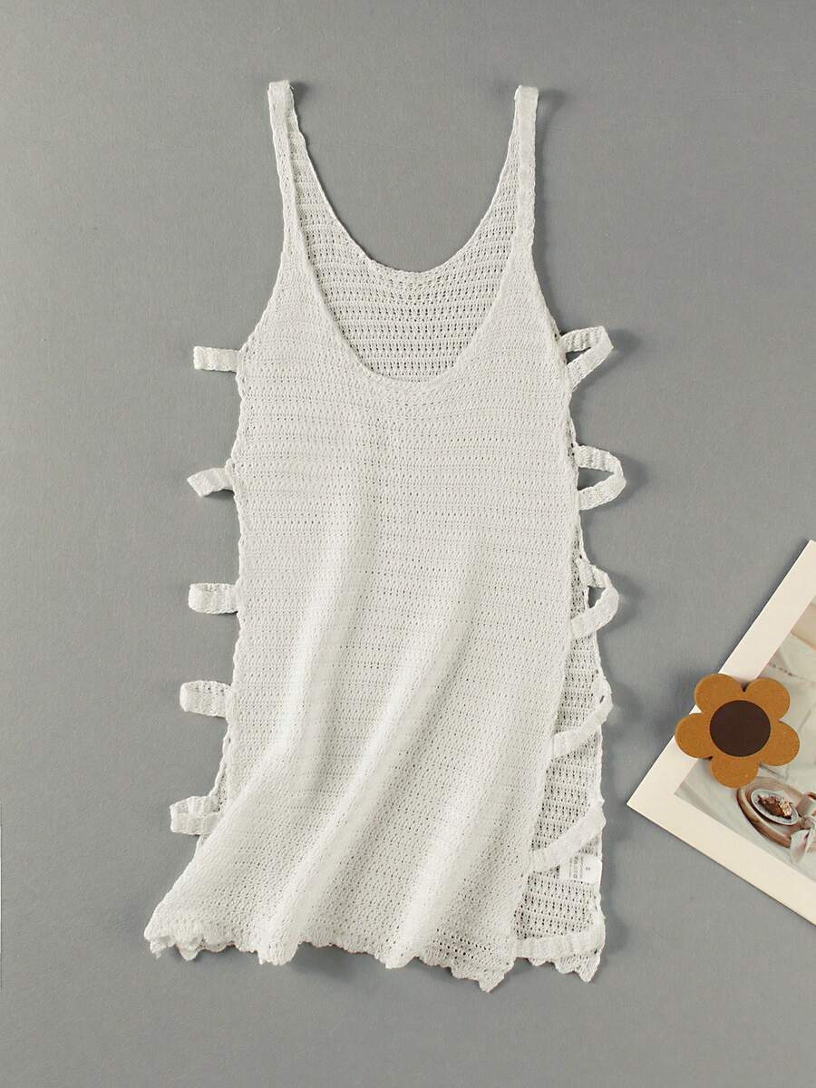 性感U领无袖针织横条纹侧镂空沙滩迷你连衣裙2025夏季沙滩装泳衣罩衫